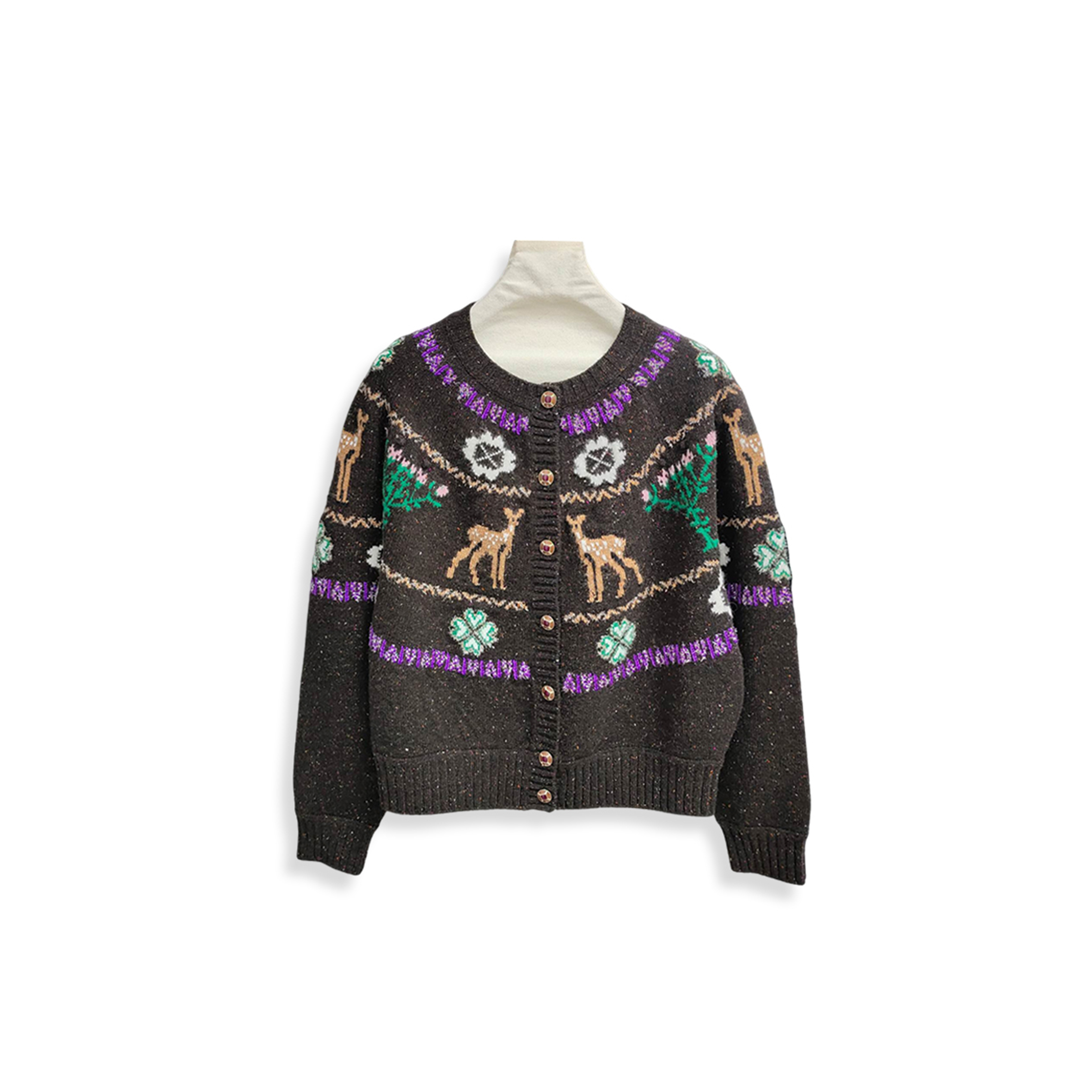 CHANEL CARDIGAN LONG SLEEVE REINDEER CLOVER TWEED BROWN CASHMERE 